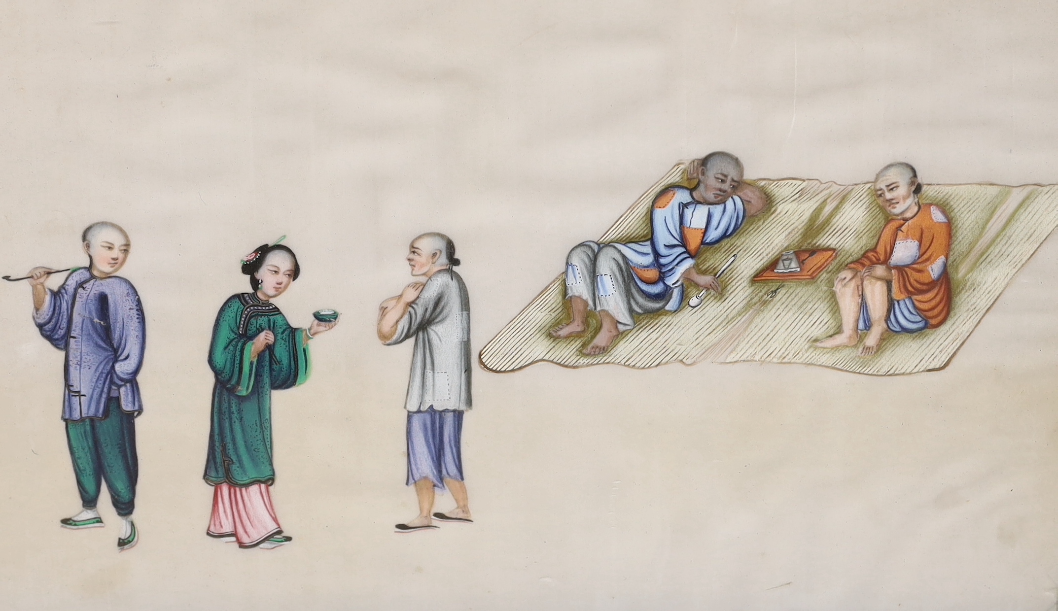 19th century Chinese school, set of 12 pith paper paintings, figures smoking opium pipes, each 32 x 20cm